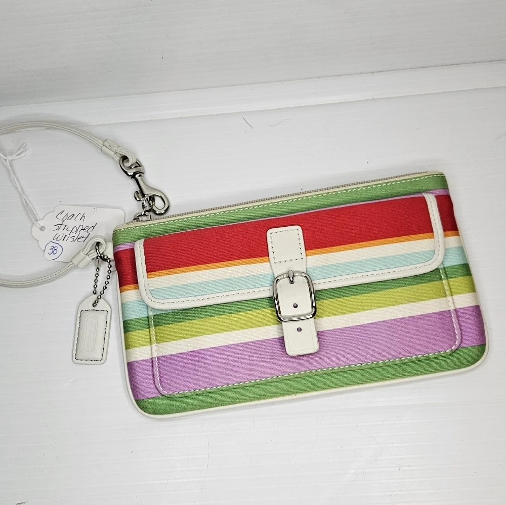 Vintage Y2K Coach Hampton Multicolor Striped Large Wristlet Clutch Bag  .